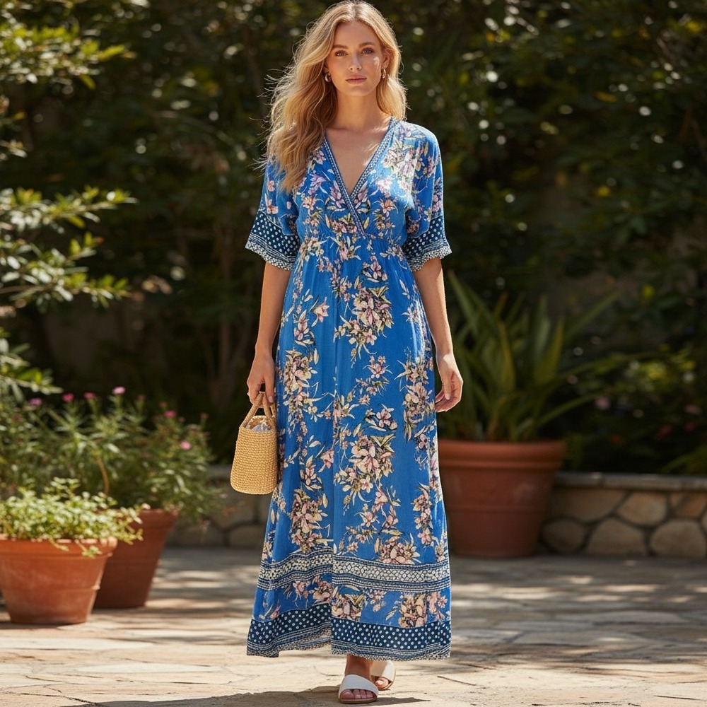 Flying Tomato Blue Floral Maxi Dress Boho V-Neck Mixed Print Medium